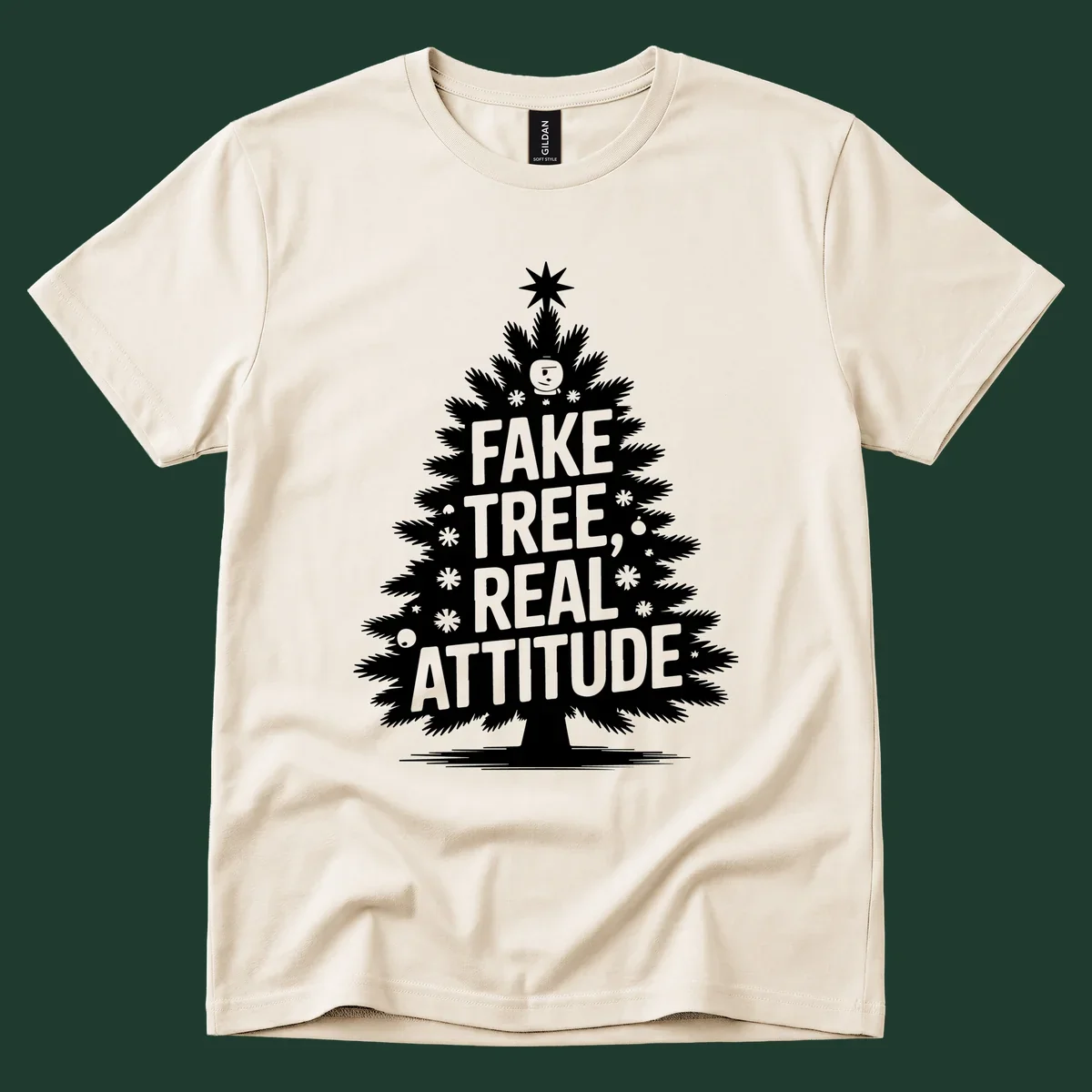 Fake tree, real attitude Christmas graphic with a stylized tree and bold text.