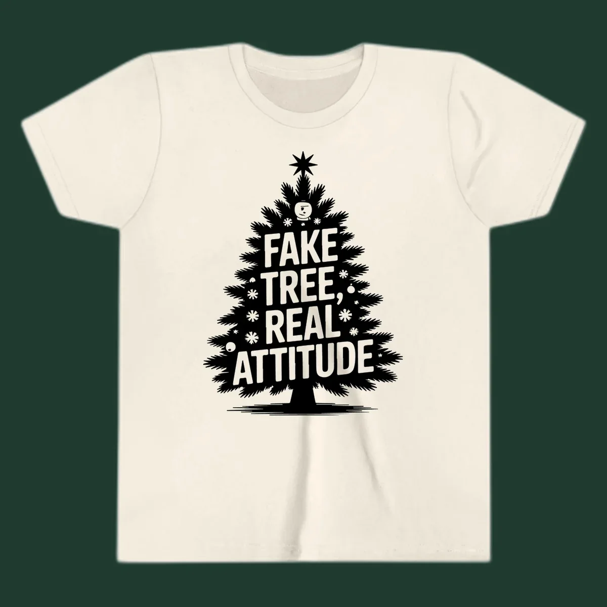 Fake tree, real attitude Christmas graphic with a stylized tree and bold text.