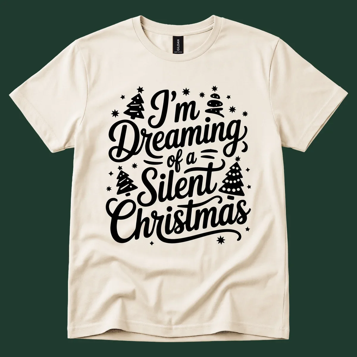 Silent Christmas dream typography with stars and trees