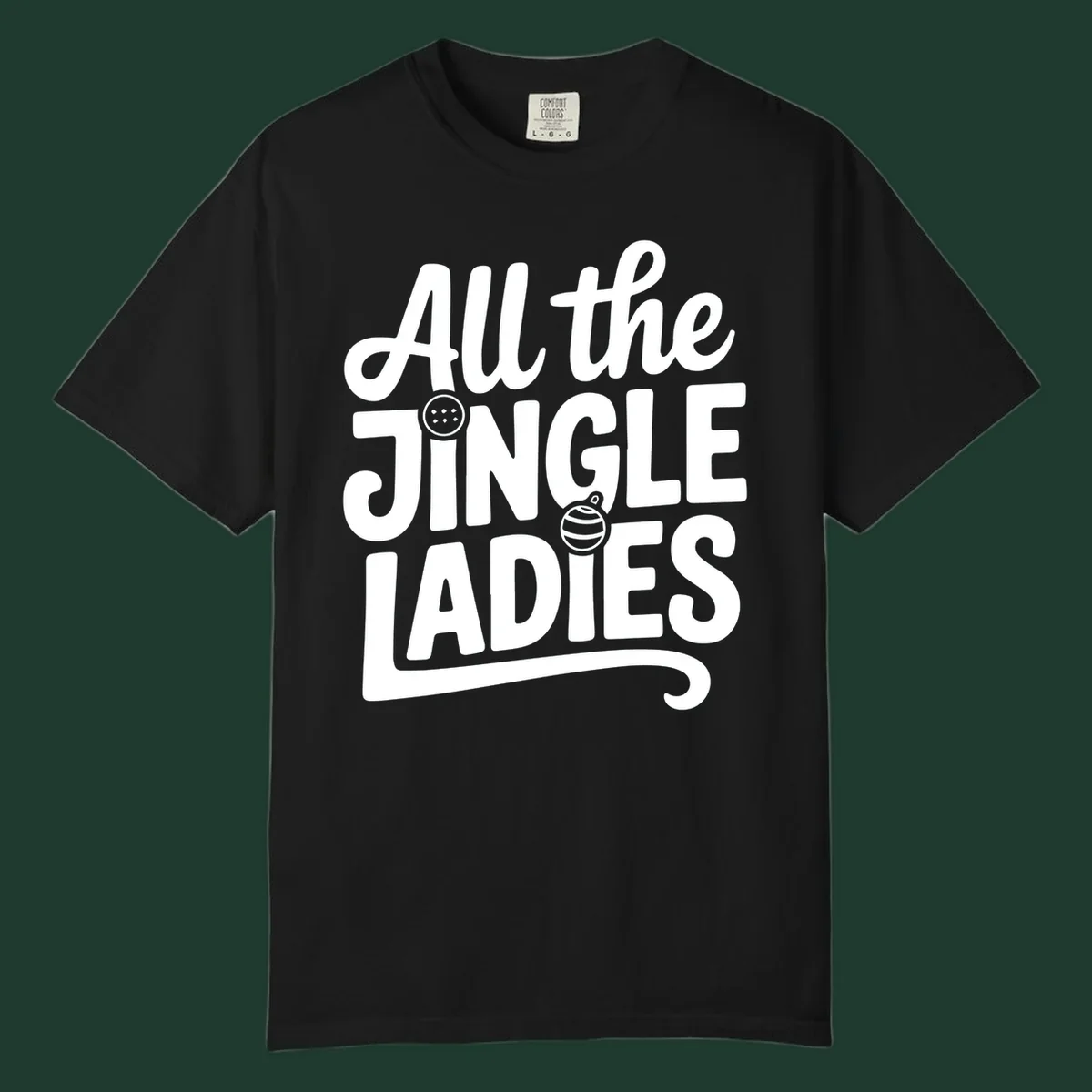 White typography "All the JINGLE LADIES" with integrated Christmas ornaments, for the jingle-ladies-christmas concept.