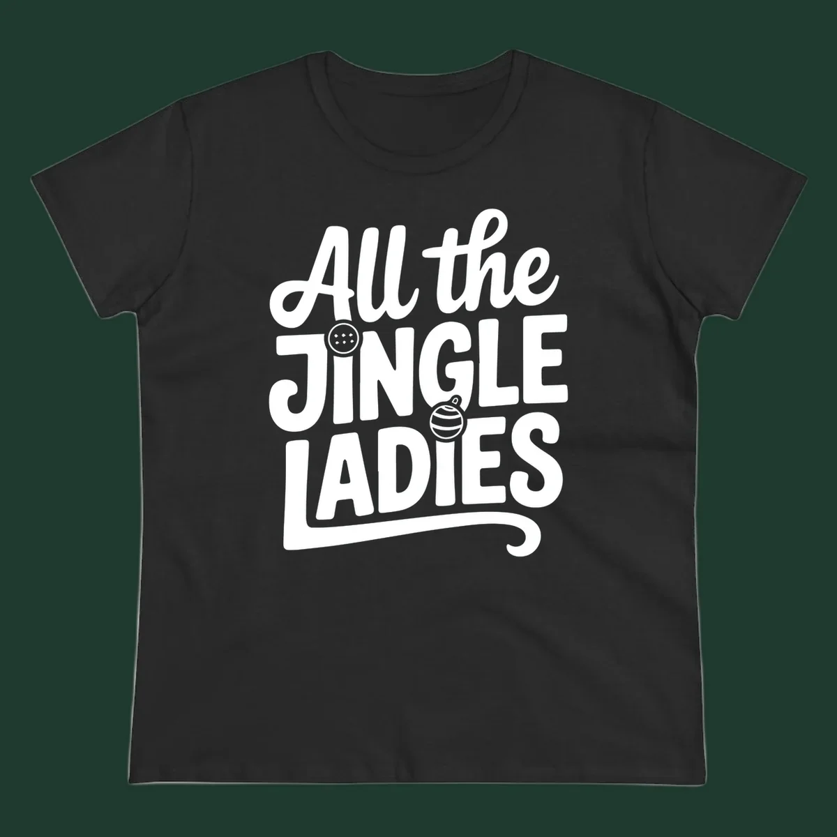 White typography "All the JINGLE LADIES" with integrated Christmas ornaments, for the jingle-ladies-christmas concept.
