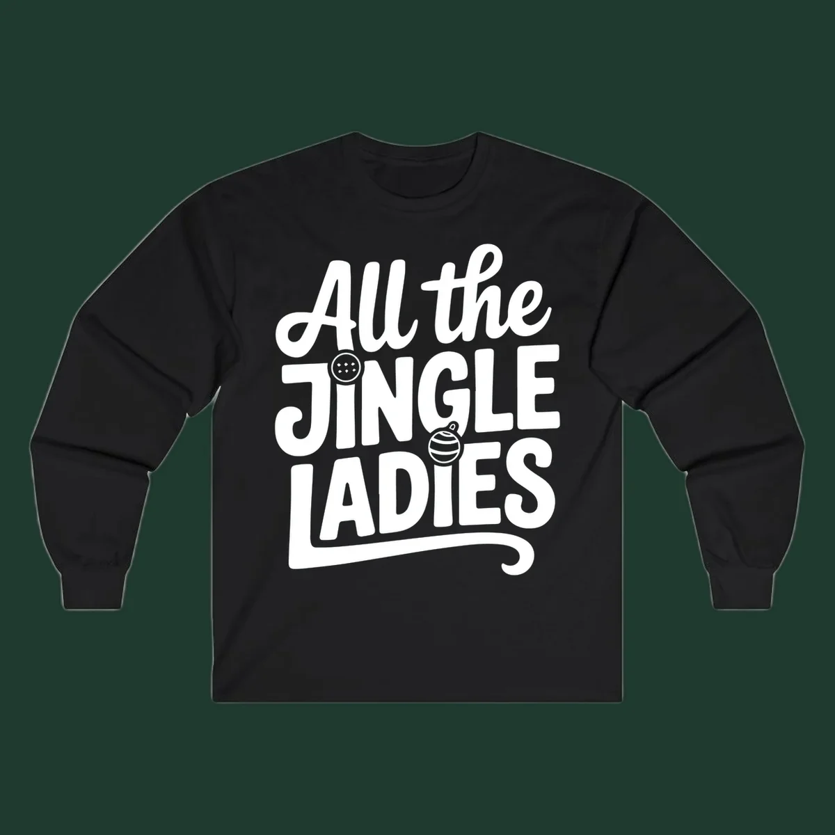 White typography "All the JINGLE LADIES" with integrated Christmas ornaments, for the jingle-ladies-christmas concept.