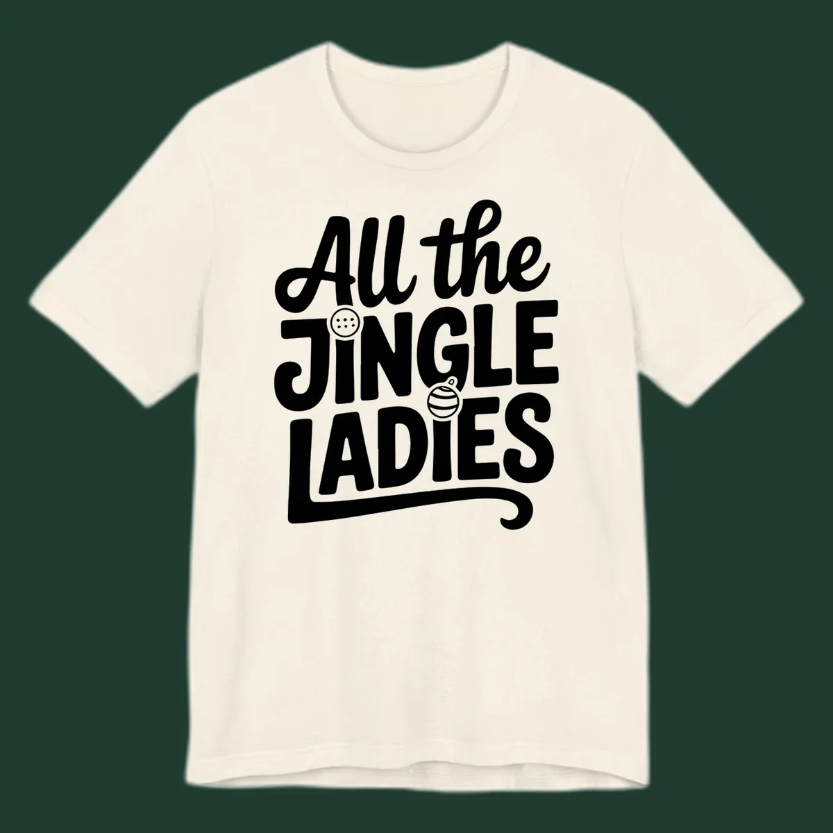 White typography "All the JINGLE LADIES" with integrated Christmas ornaments, for the jingle-ladies-christmas concept.