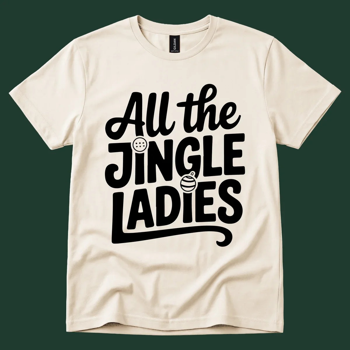 White typography "All the JINGLE LADIES" with integrated Christmas ornaments, for the jingle-ladies-christmas concept.