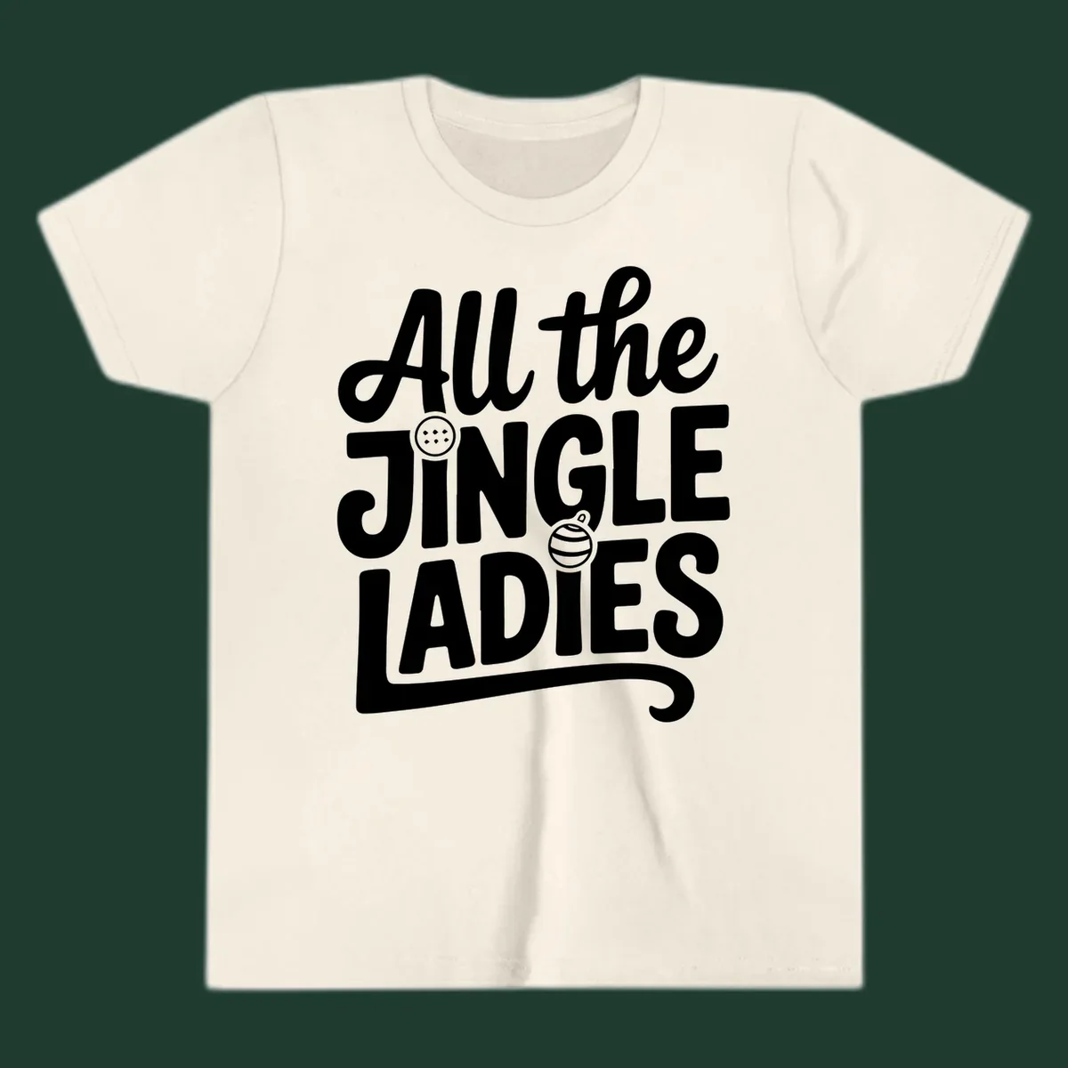 White typography "All the JINGLE LADIES" with integrated Christmas ornaments, for the jingle-ladies-christmas concept.