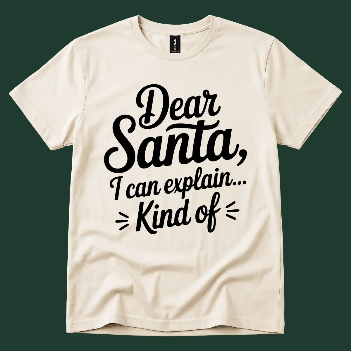 Dear Santa I Can Explain Kind Of text design in white script font.