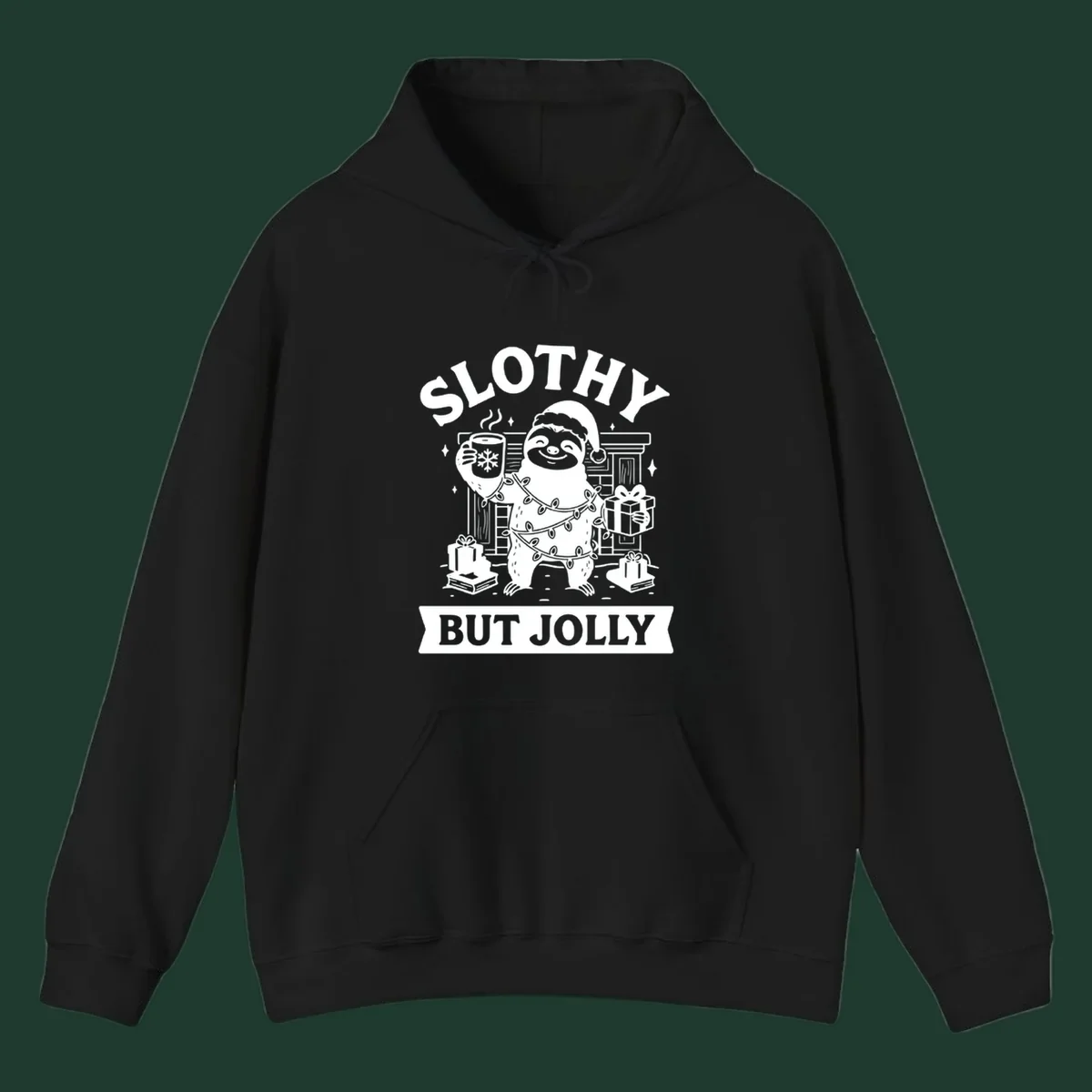 Sloth wearing Santa hat and Christmas lights, holding mug and gift, with text Slothy But Jolly.