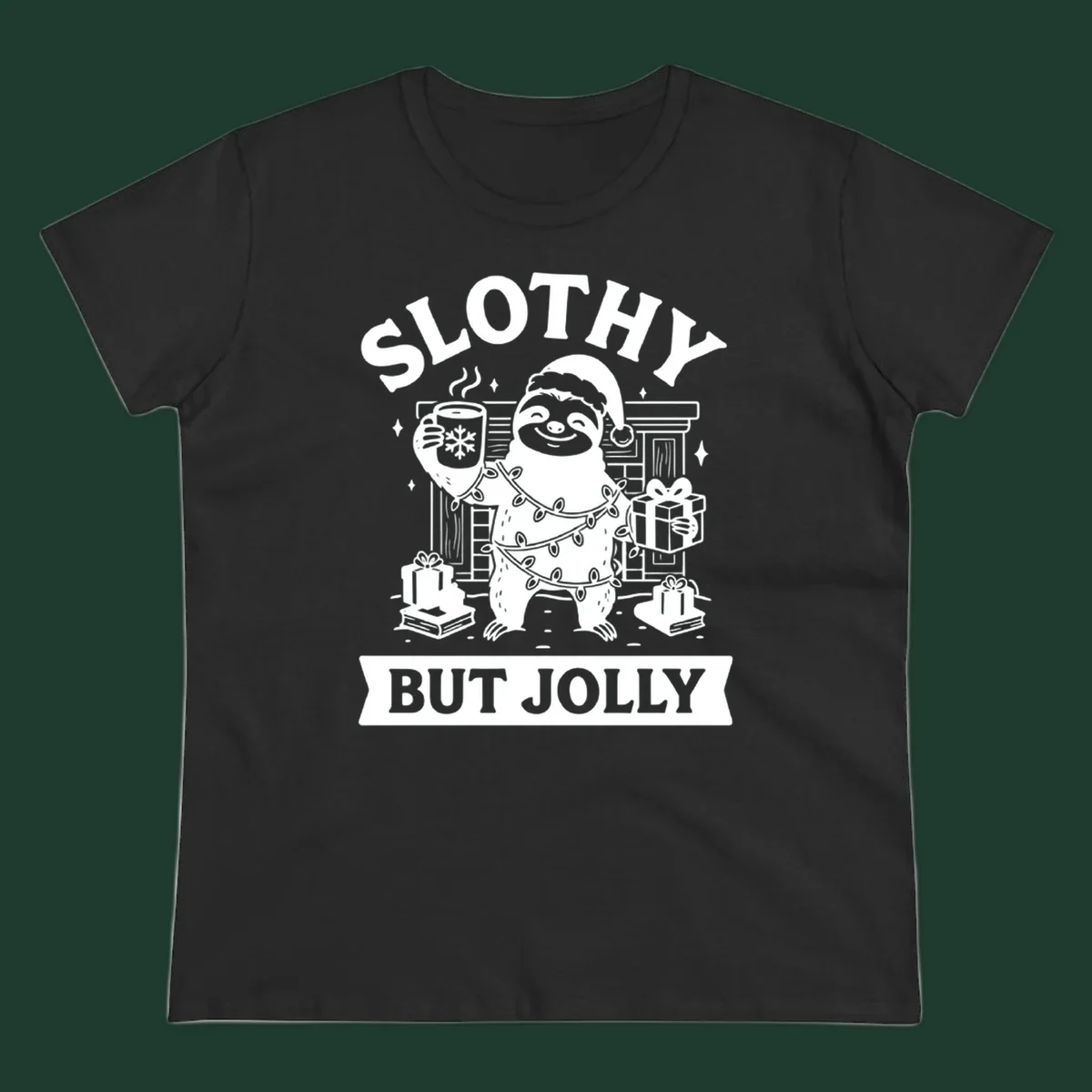Sloth wearing Santa hat and Christmas lights, holding mug and gift, with text Slothy But Jolly.