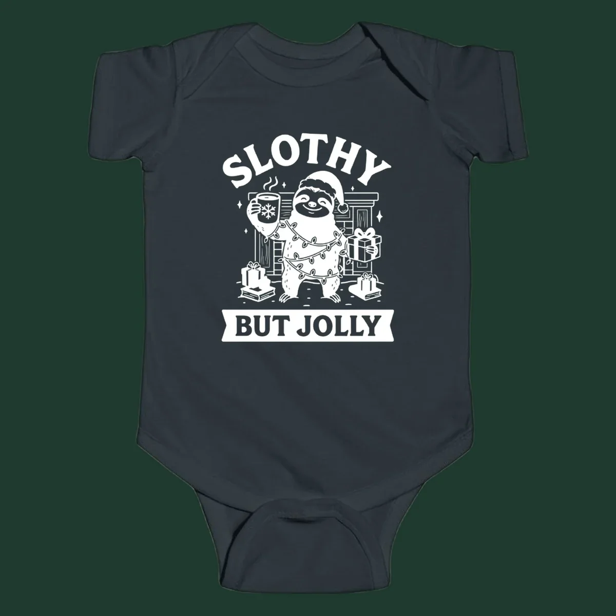 Sloth wearing Santa hat and Christmas lights, holding mug and gift, with text Slothy But Jolly.