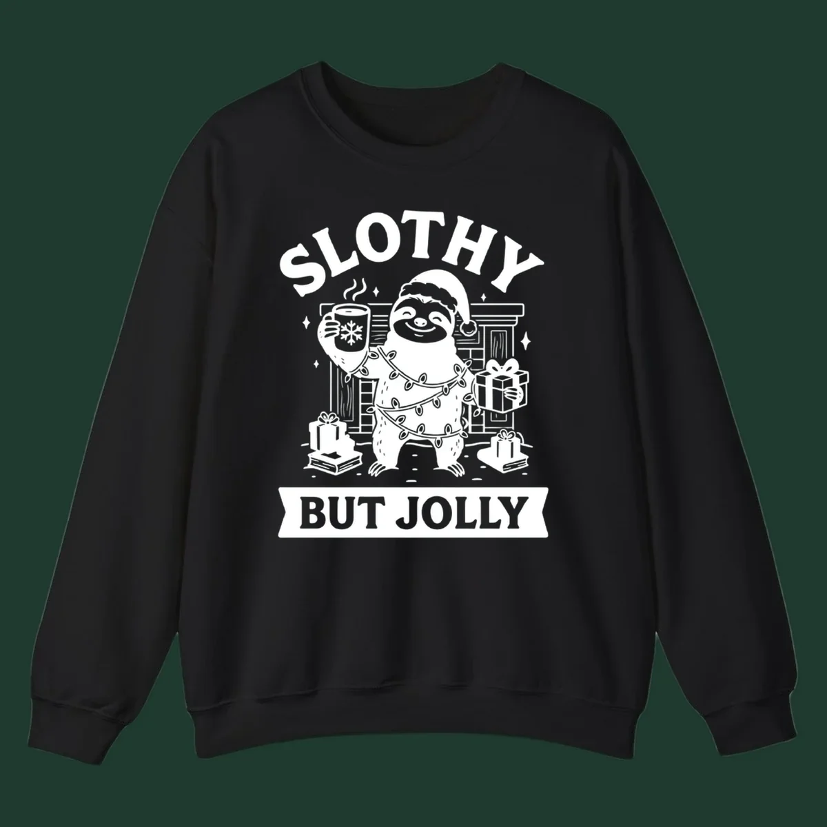 Sloth wearing Santa hat and Christmas lights, holding mug and gift, with text Slothy But Jolly.