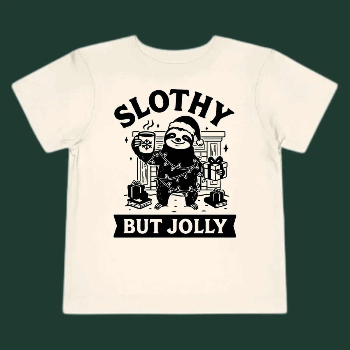 Sloth wearing Santa hat and Christmas lights, holding mug and gift, with text Slothy But Jolly.