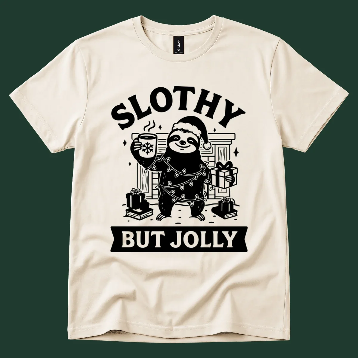 Sloth wearing Santa hat and Christmas lights, holding mug and gift, with text Slothy But Jolly.