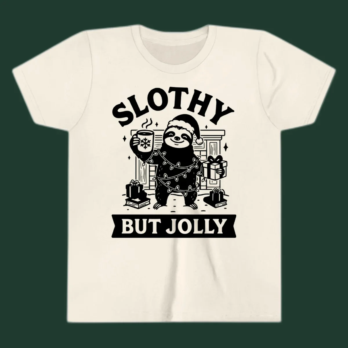 Sloth wearing Santa hat and Christmas lights, holding mug and gift, with text Slothy But Jolly.
