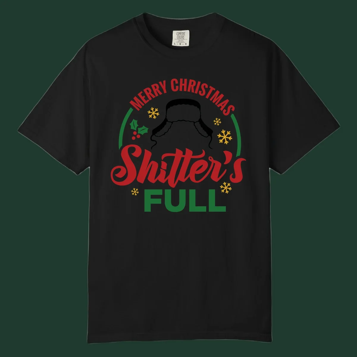 Christmas Shitter's Full graphic with text, hat silhouette, holly, and snowflakes.