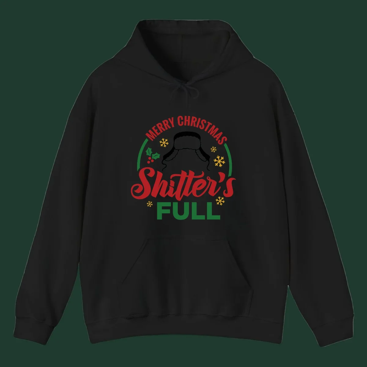 Christmas Shitter's Full graphic with text, hat silhouette, holly, and snowflakes.