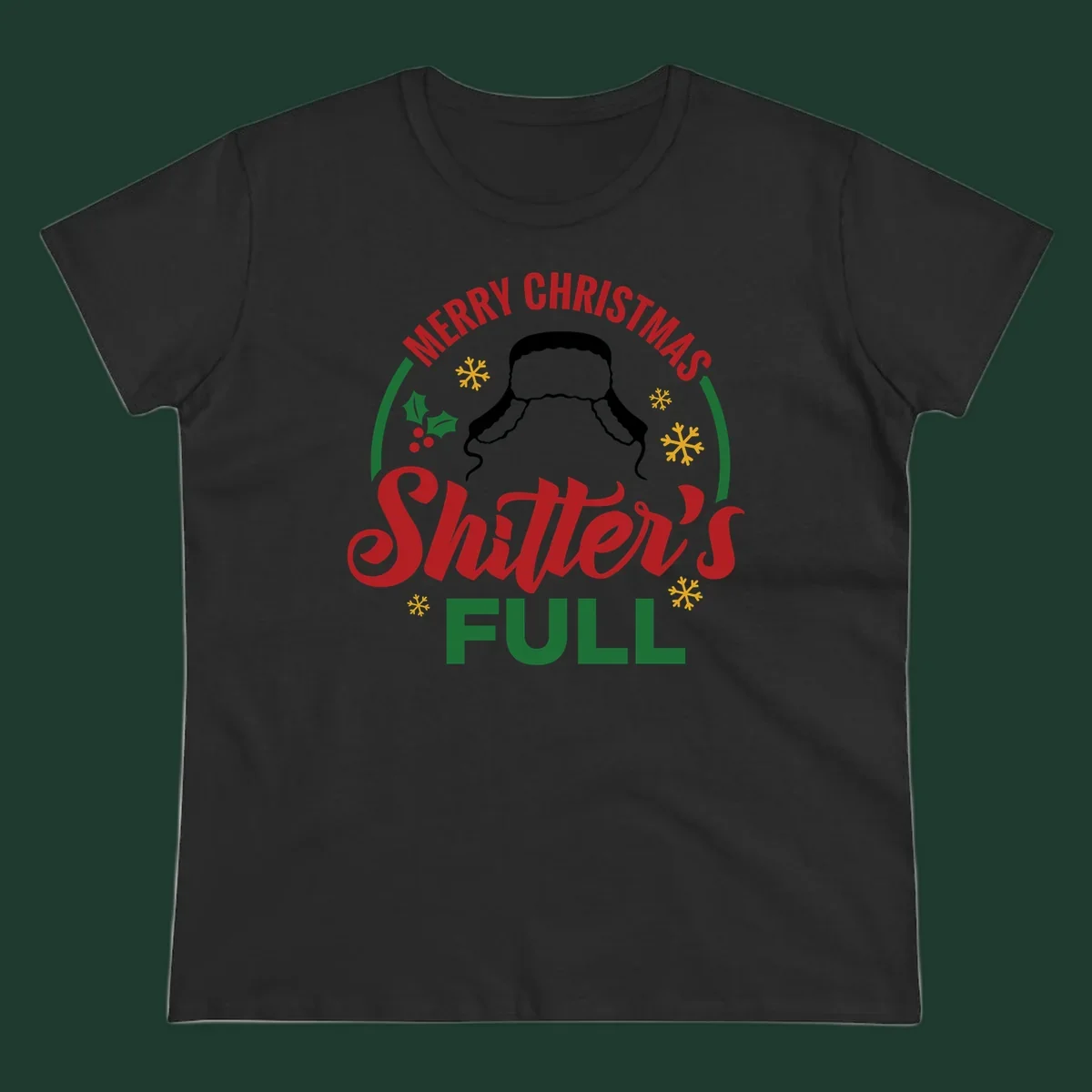 Christmas Shitter's Full graphic with text, hat silhouette, holly, and snowflakes.