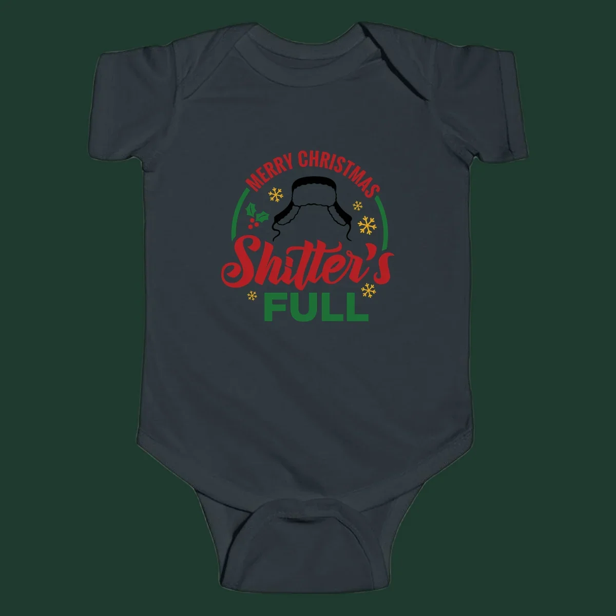 Christmas Shitter's Full graphic with text, hat silhouette, holly, and snowflakes.