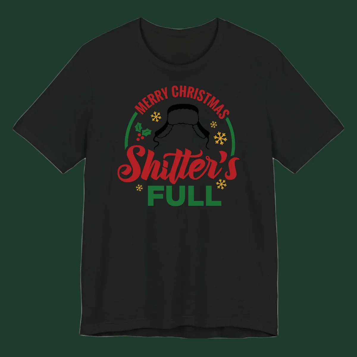 Christmas Shitter's Full graphic with text, hat silhouette, holly, and snowflakes.