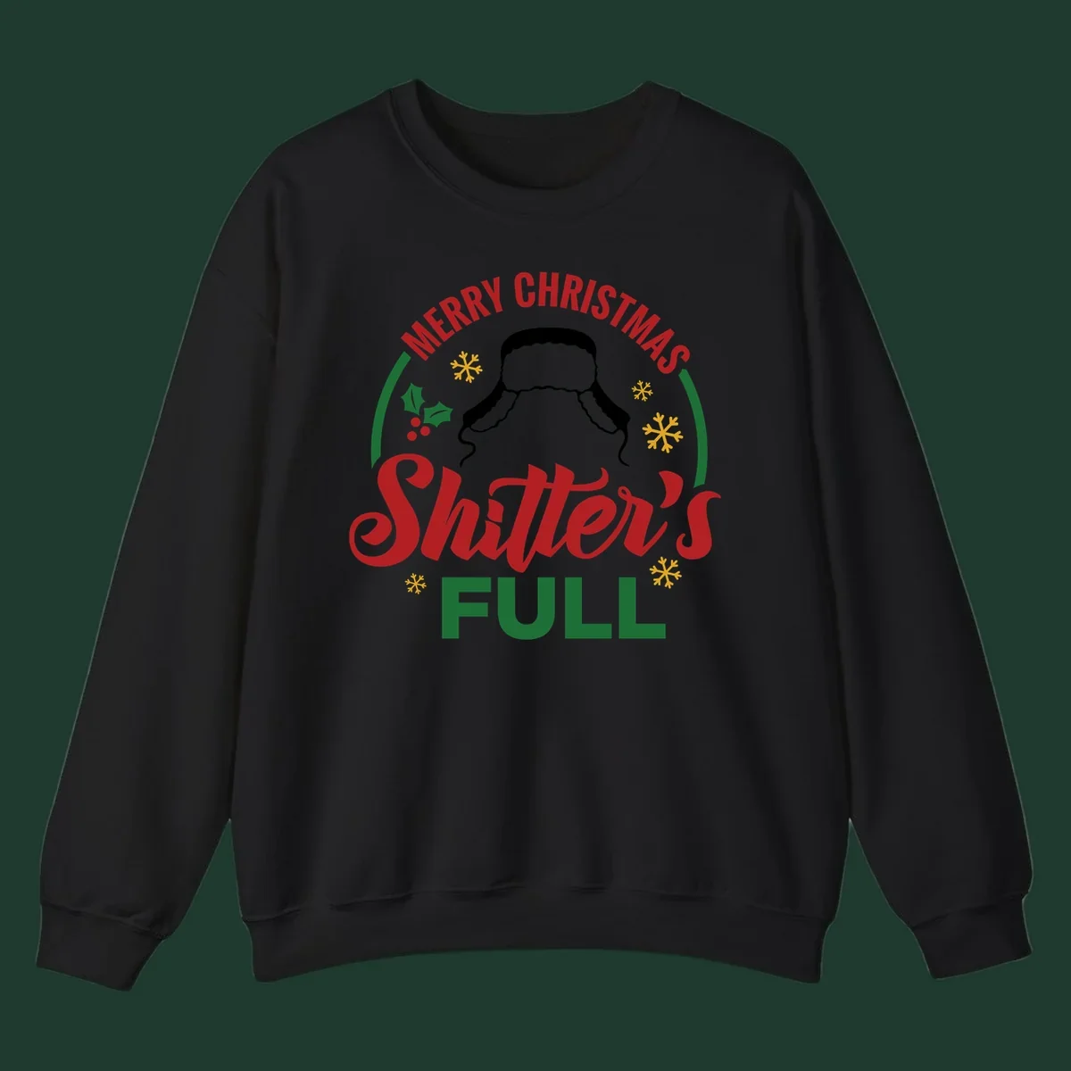 Christmas Shitter's Full graphic with text, hat silhouette, holly, and snowflakes.