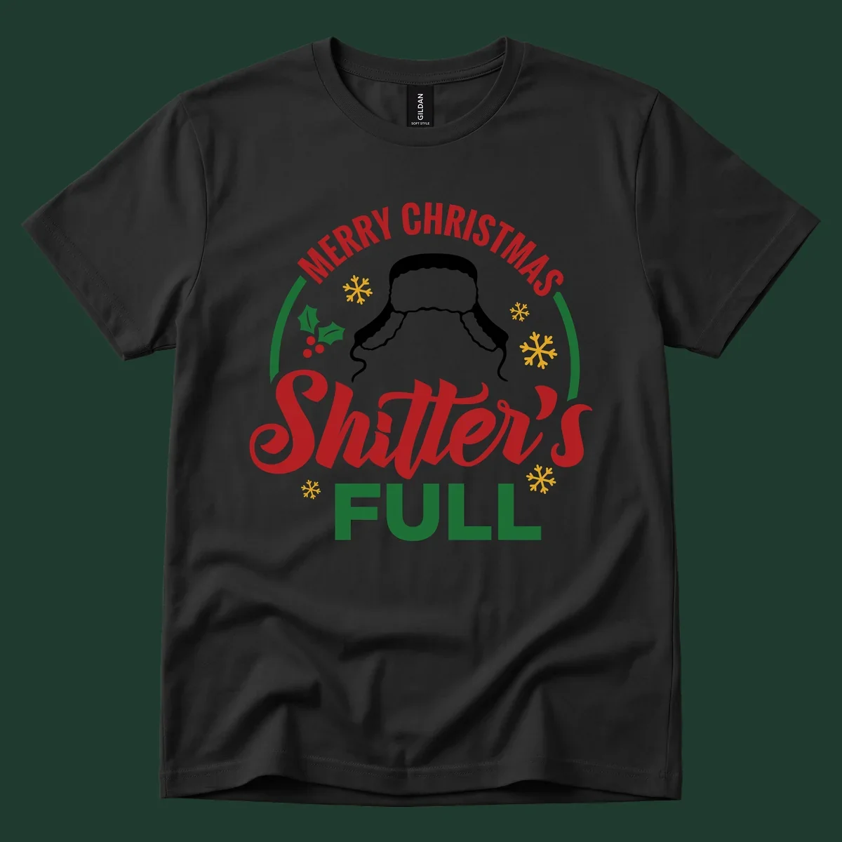 Christmas Shitter's Full graphic with text, hat silhouette, holly, and snowflakes.