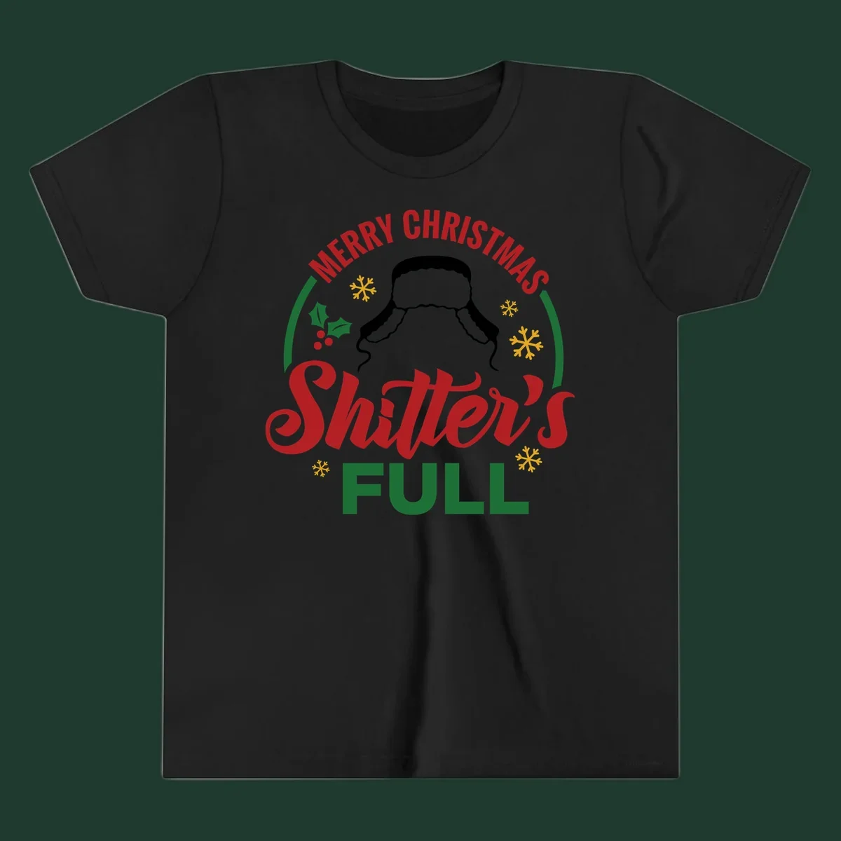 Christmas Shitter's Full graphic with text, hat silhouette, holly, and snowflakes.