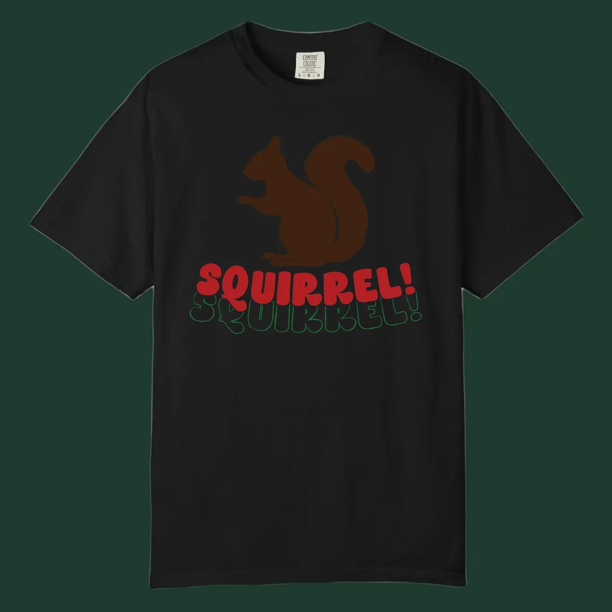 Squirrel! Christmas Typography design with a brown squirrel silhouette and bold red and green text.