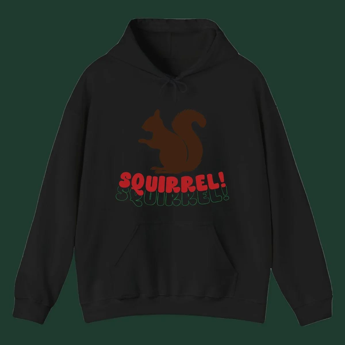 Squirrel! Christmas Typography design with a brown squirrel silhouette and bold red and green text.
