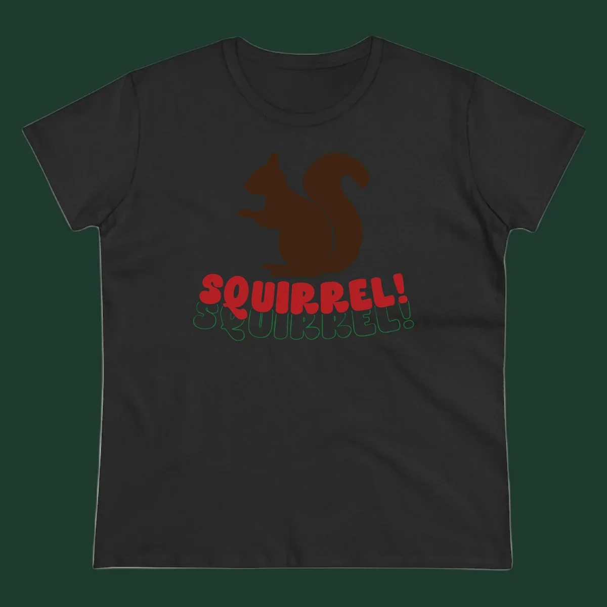 Squirrel! Christmas Typography design with a brown squirrel silhouette and bold red and green text.