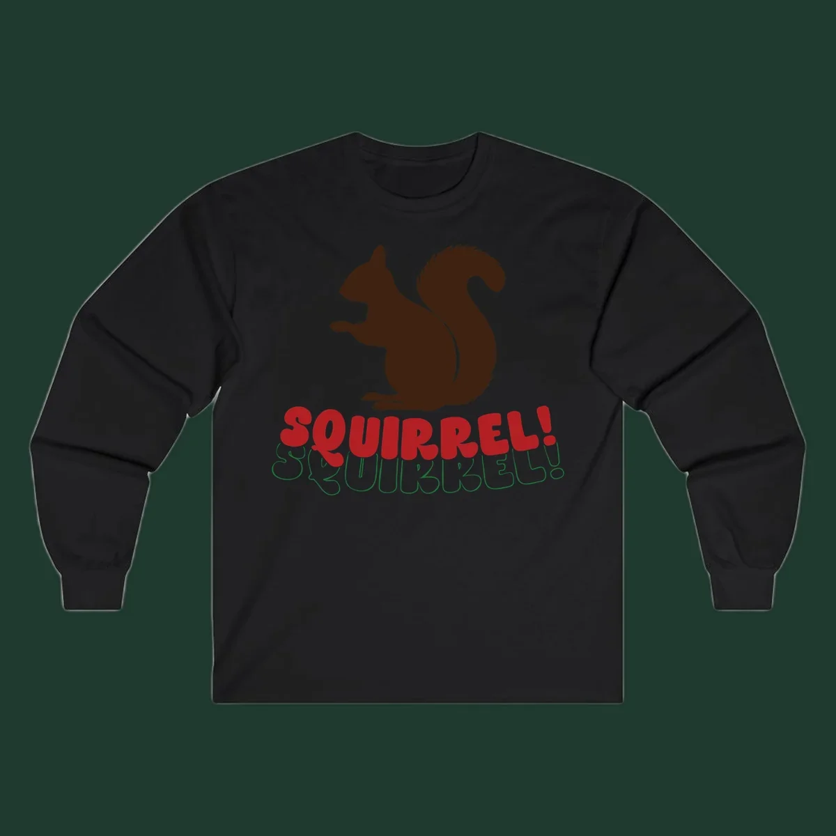 Squirrel! Christmas Typography design with a brown squirrel silhouette and bold red and green text.