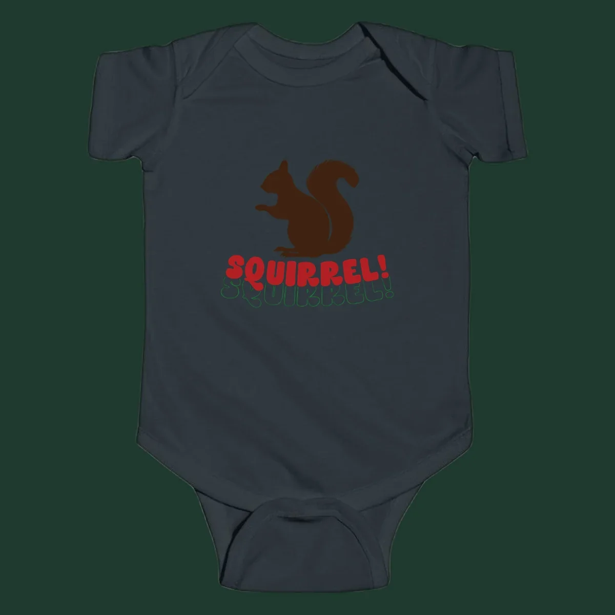 Squirrel! Christmas Typography design with a brown squirrel silhouette and bold red and green text.