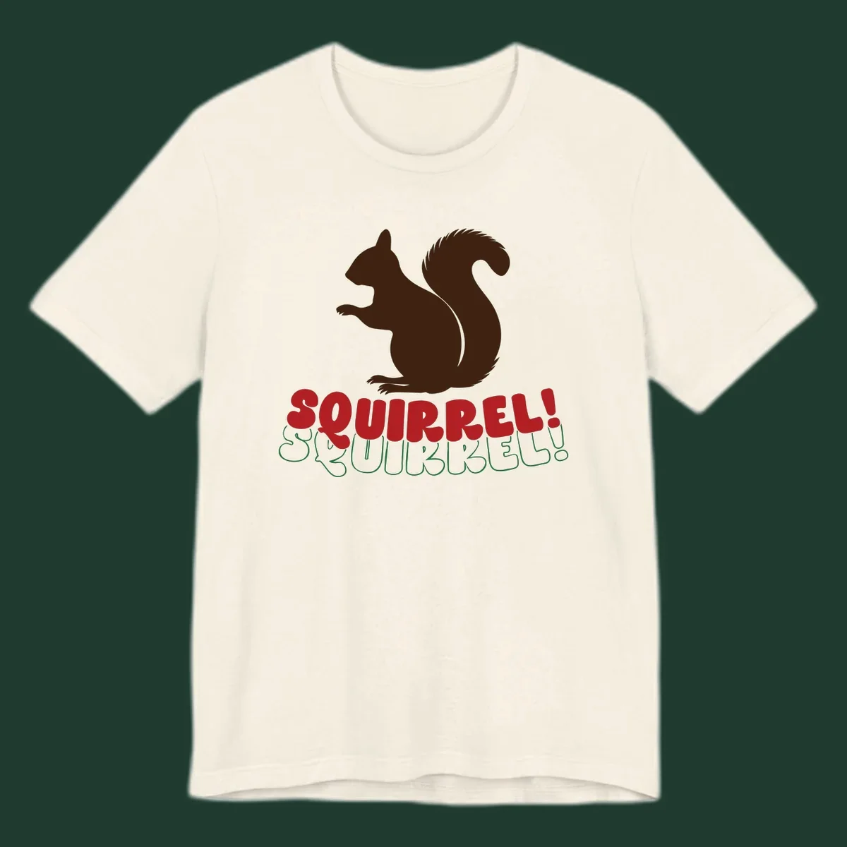 Squirrel! Christmas Typography design with a brown squirrel silhouette and bold red and green text.