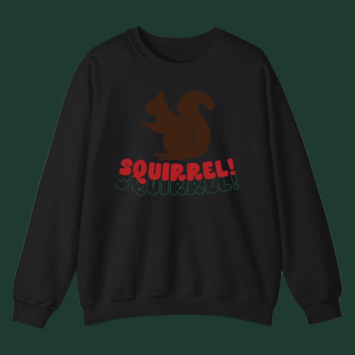 Squirrel! Christmas Typography design with a brown squirrel silhouette and bold red and green text.