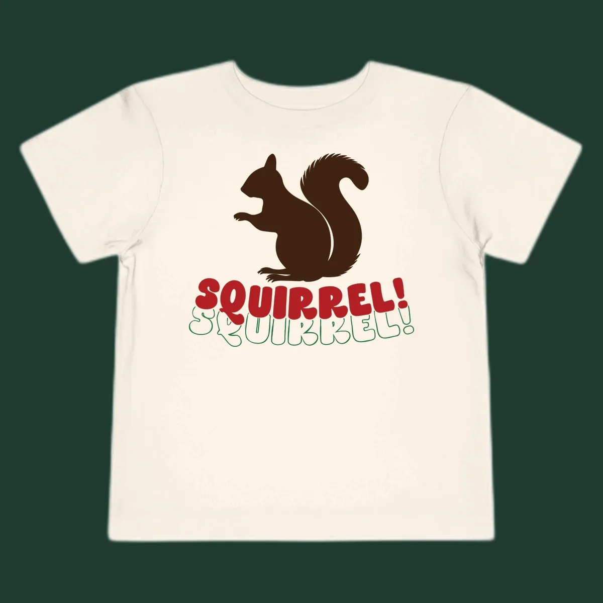 Squirrel! Christmas Typography design with a brown squirrel silhouette and bold red and green text.