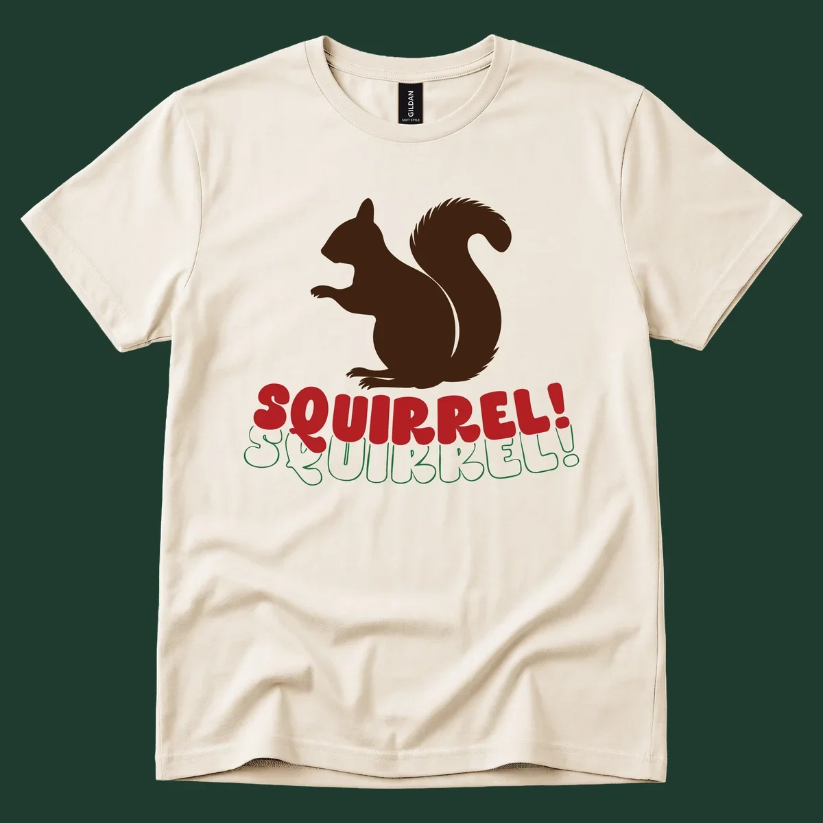 Squirrel! Christmas Typography design with a brown squirrel silhouette and bold red and green text.