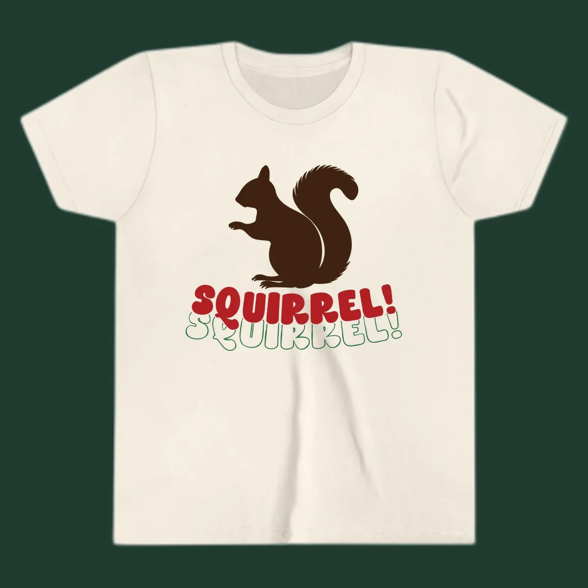 Squirrel! Christmas Typography design with a brown squirrel silhouette and bold red and green text.