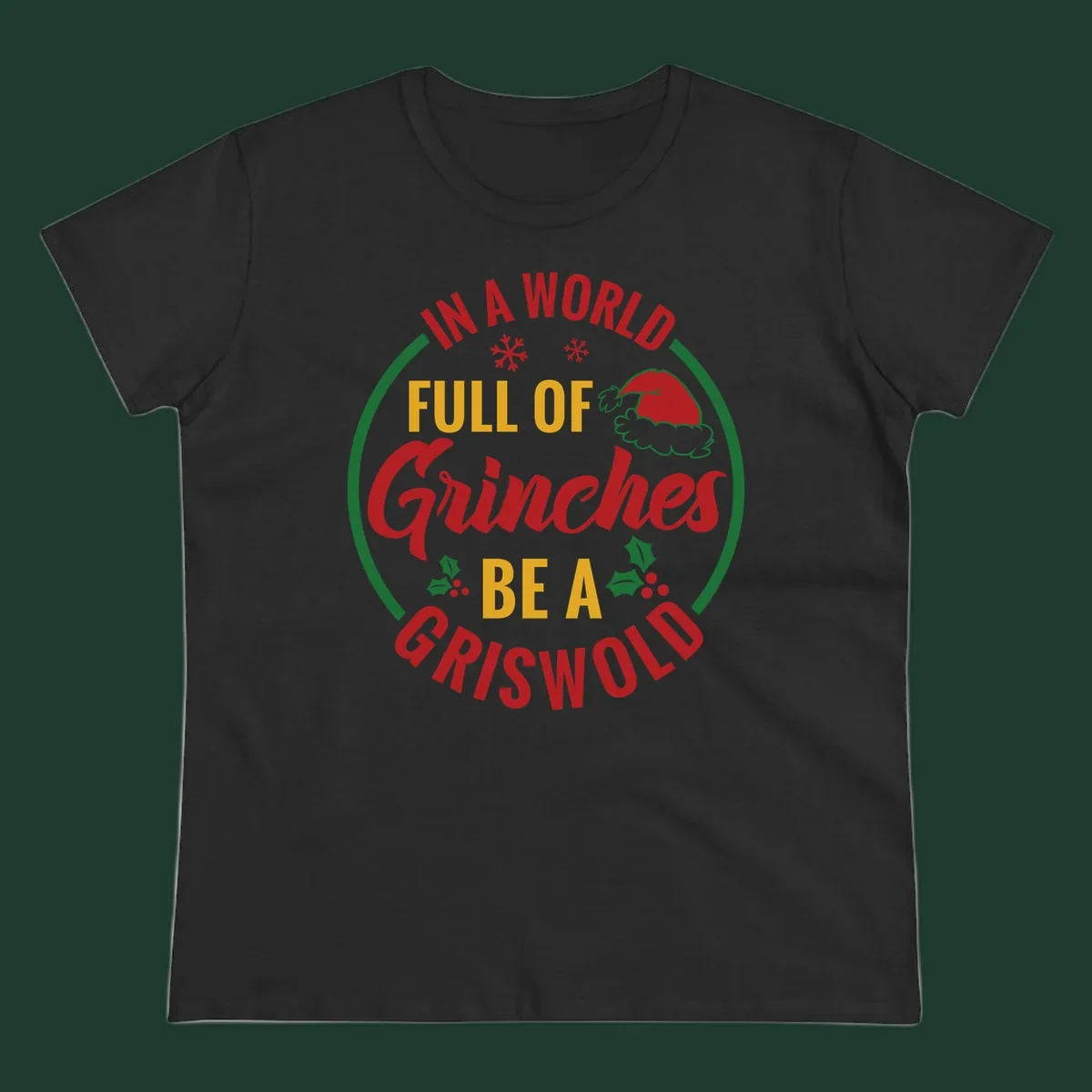 Circular design with text 'In A World Full Of Grinches Be A Griswold', snowflakes, Santa hat, and holly. Christmas graphic.