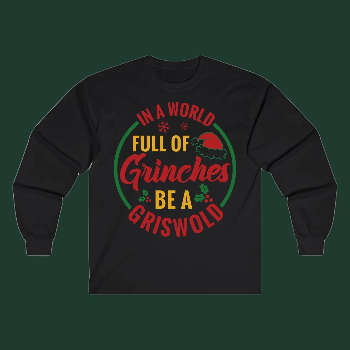 Circular design with text 'In A World Full Of Grinches Be A Griswold', snowflakes, Santa hat, and holly. Christmas graphic.