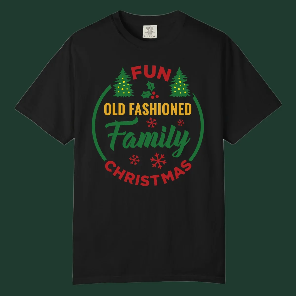 Old-fashioned family christmas design with trees and snowflakes.