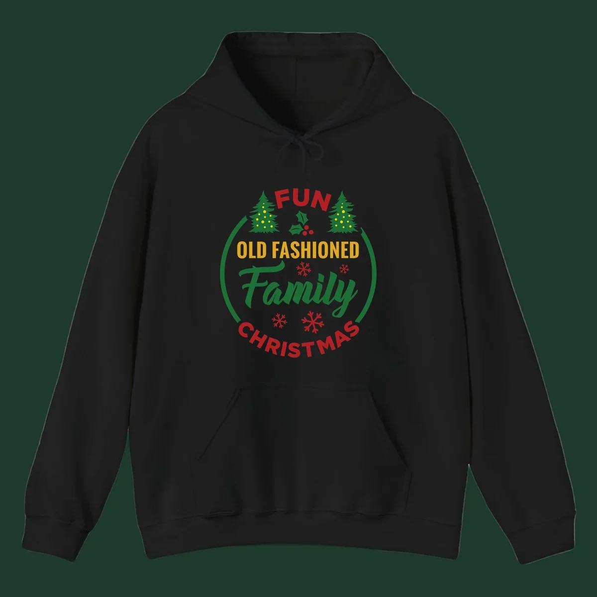 Old-fashioned family christmas design with trees and snowflakes.