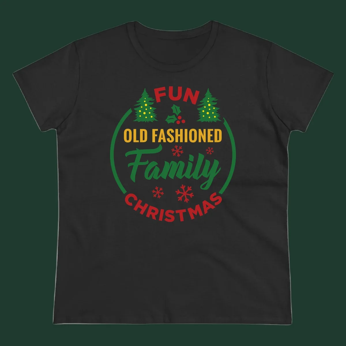 Old-fashioned family christmas design with trees and snowflakes.