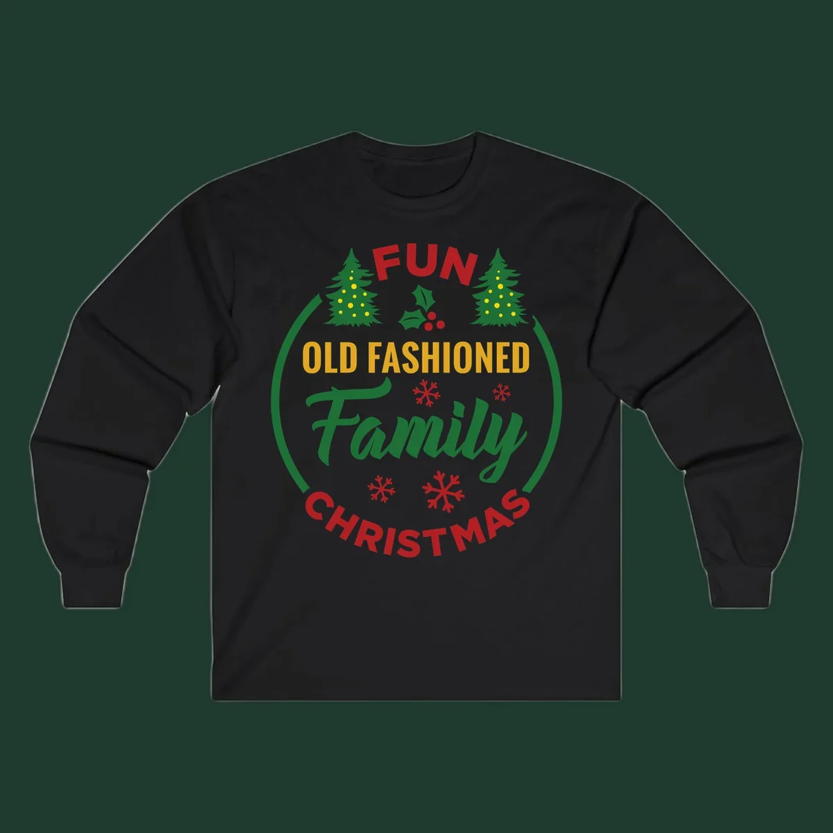 Old-fashioned family christmas design with trees and snowflakes.