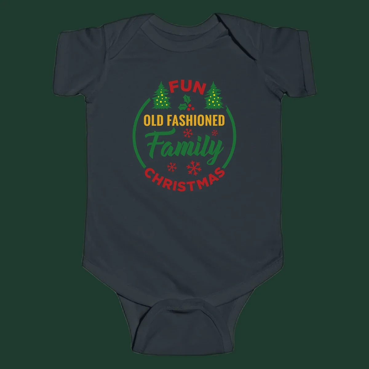 Old-fashioned family christmas design with trees and snowflakes.