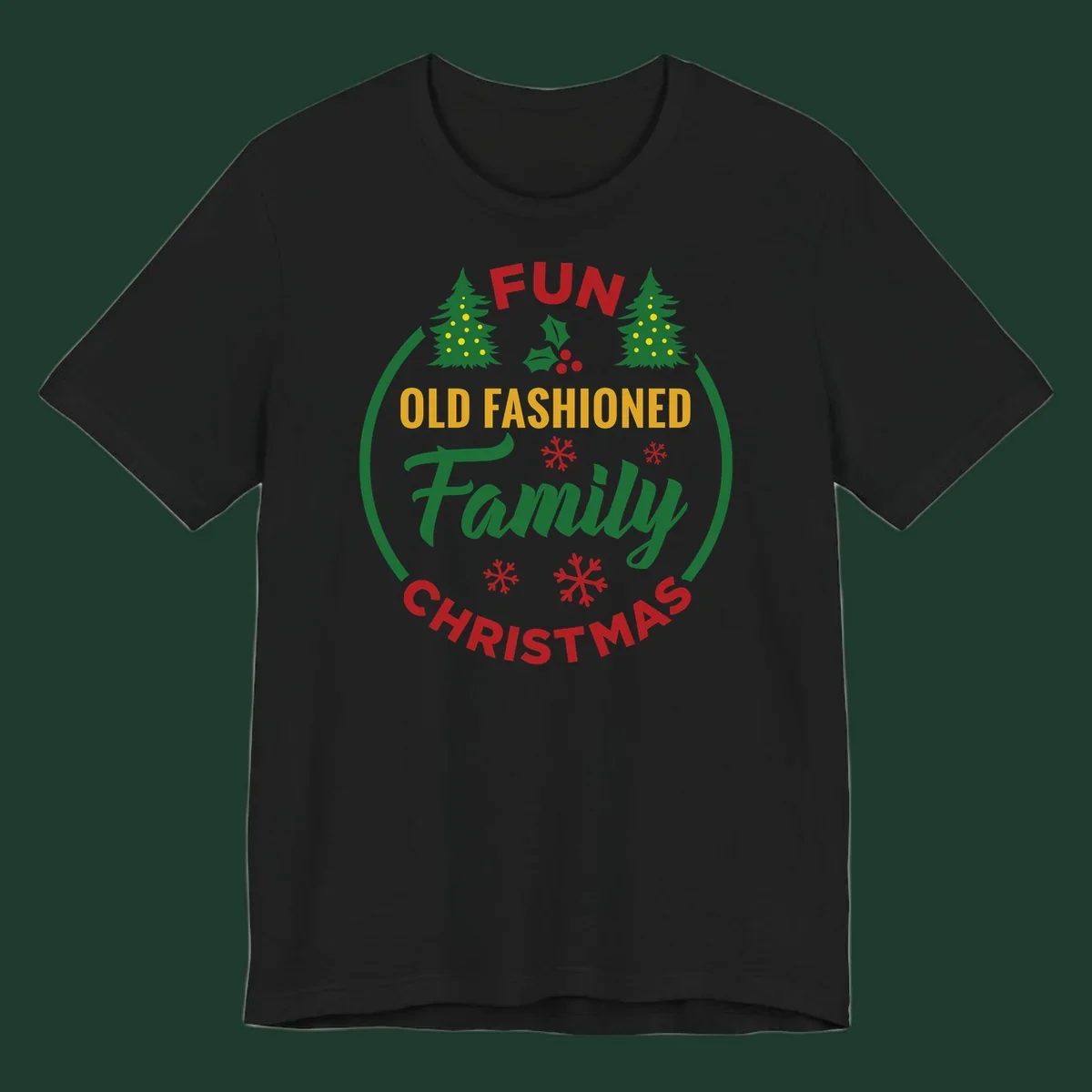 Old-fashioned family christmas design with trees and snowflakes.