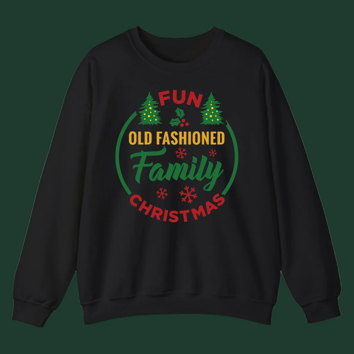 Old-fashioned family christmas design with trees and snowflakes.