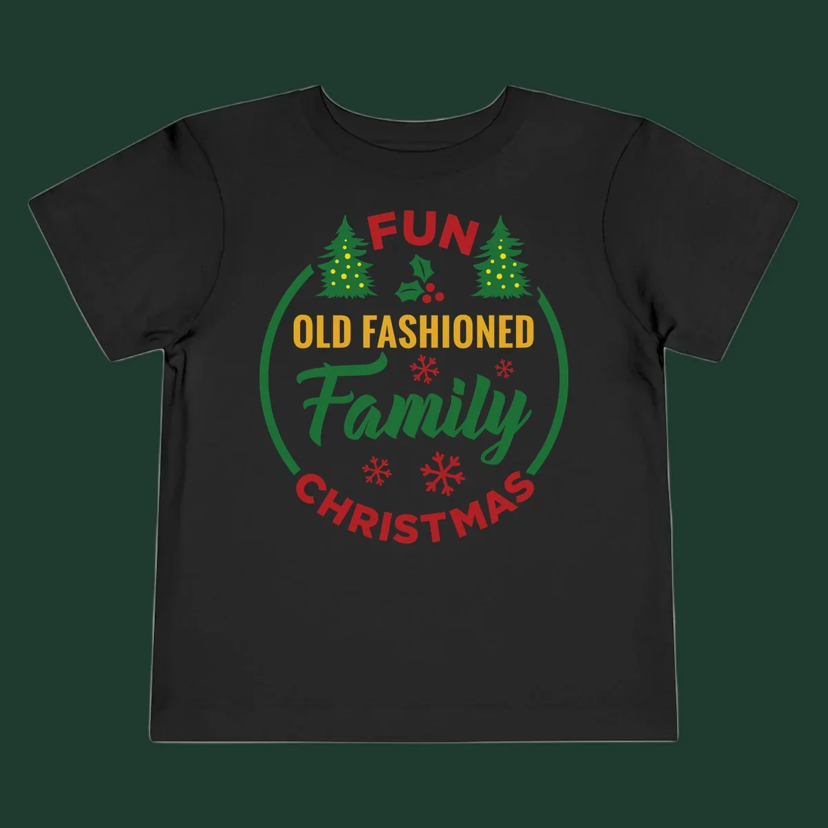 Old-fashioned family christmas design with trees and snowflakes.