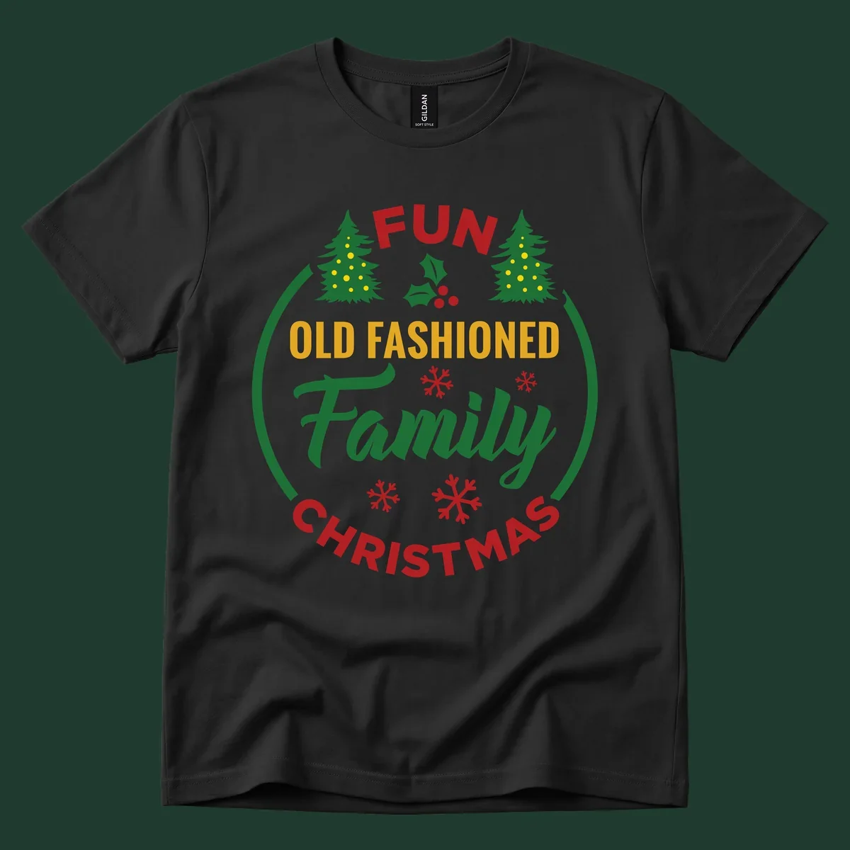 Old-fashioned family christmas design with trees and snowflakes.