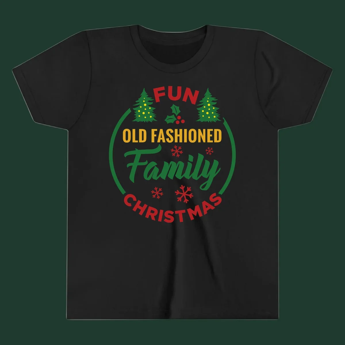 Old-fashioned family christmas design with trees and snowflakes.