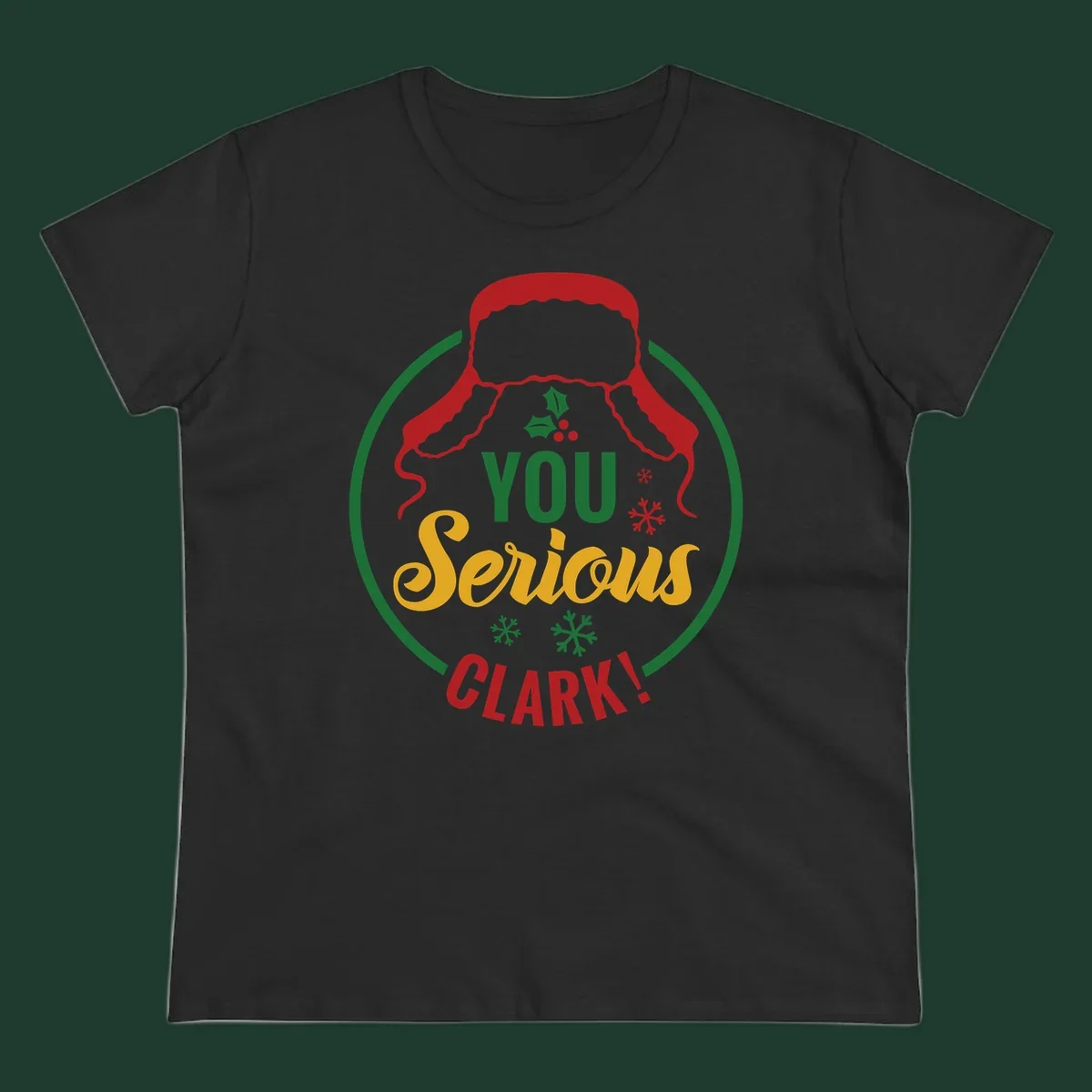 Christmas Clark quote graphic with a hat, holly, and snowflakes.