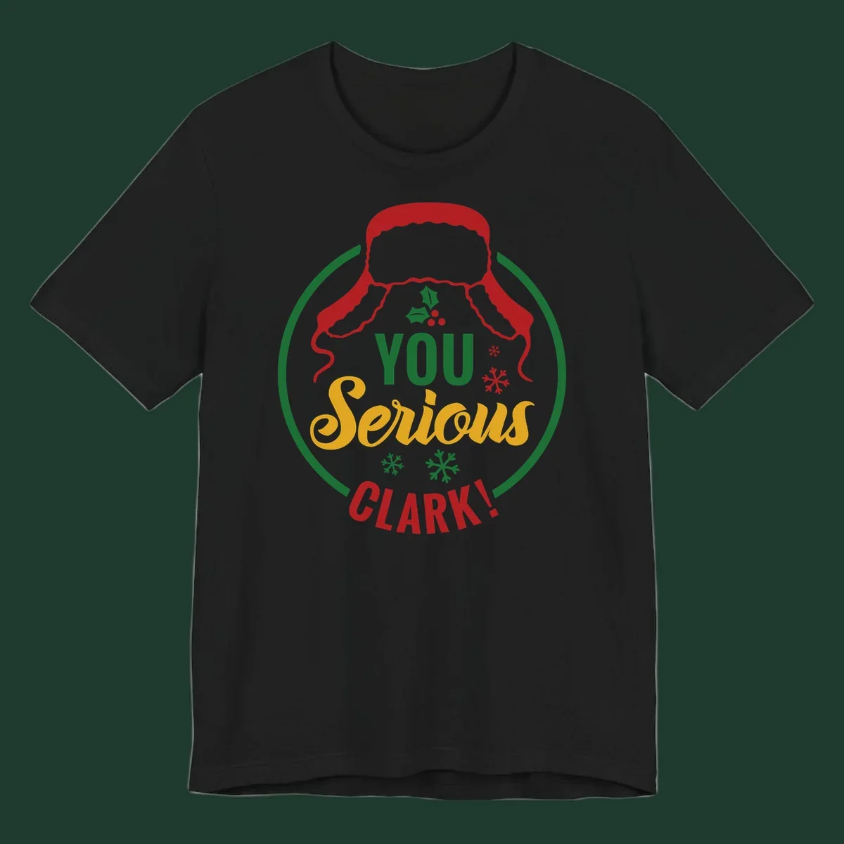 Christmas Clark quote graphic with a hat, holly, and snowflakes.