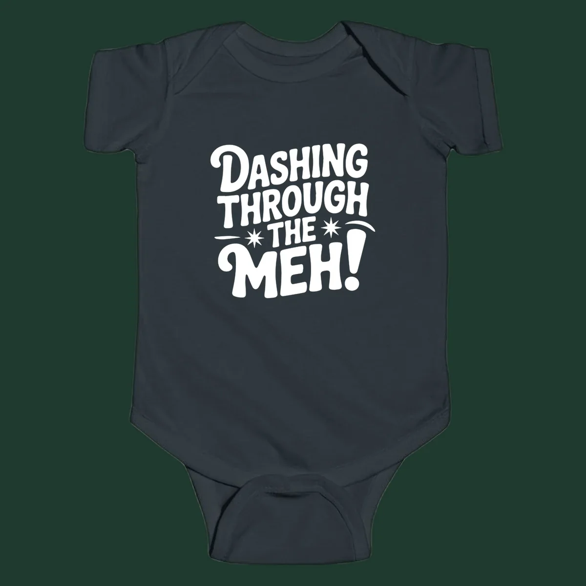 Dashing through the meh typography graphic on black background.